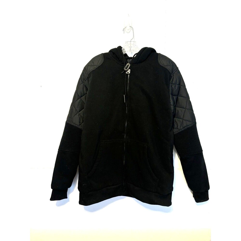 Blue Gear men's Sherpa lined full zip black jacket quilted sleeves with hoodie L